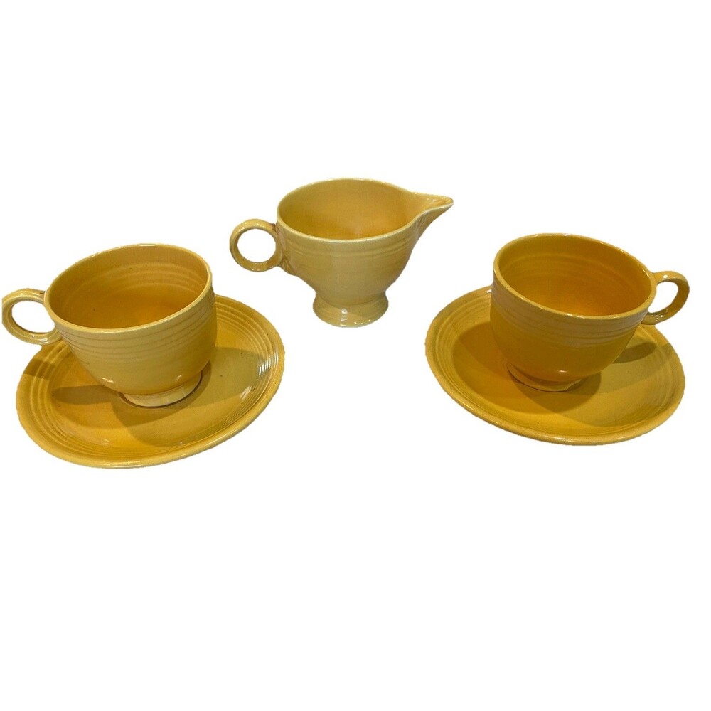 Vintage Pair Fiesta Ware Yellow Coffee Tea Rings Handle Cup Saucer Plus Creamer